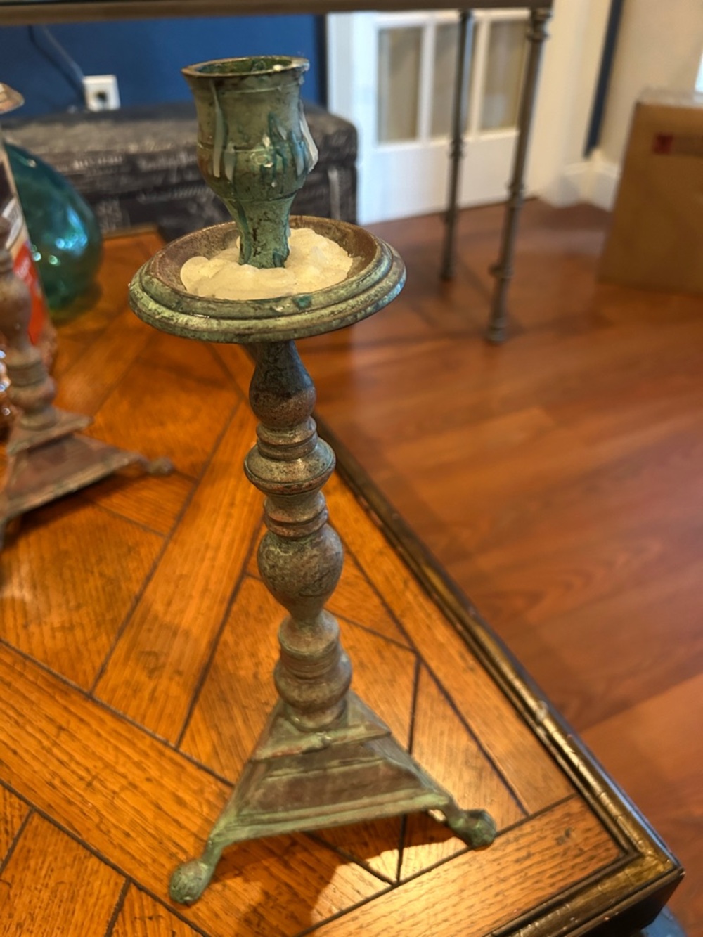 Patina Green Brass Candlestick Holder - Decorative Home Accent